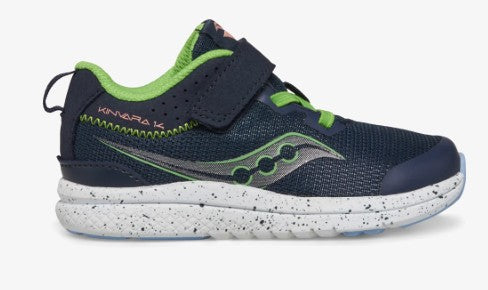 Allen's Bootery Kinvara 14 toddler sneaker in navy and green with hook and loop closure and speckled EVA midsole
