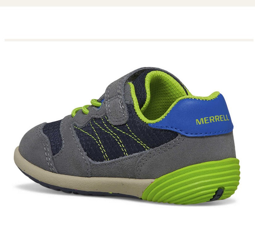 Allen's Bootery toddler Baresteps A83 sneaker in navy and grey with lime green accents and hook-and-loop closure.