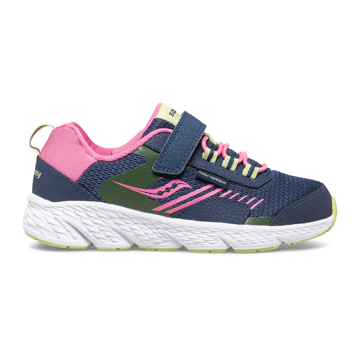 Allen's Bootery navy and pink toddler sneaker with mesh upper, hook-and-loop strap, and white rubber outsole.