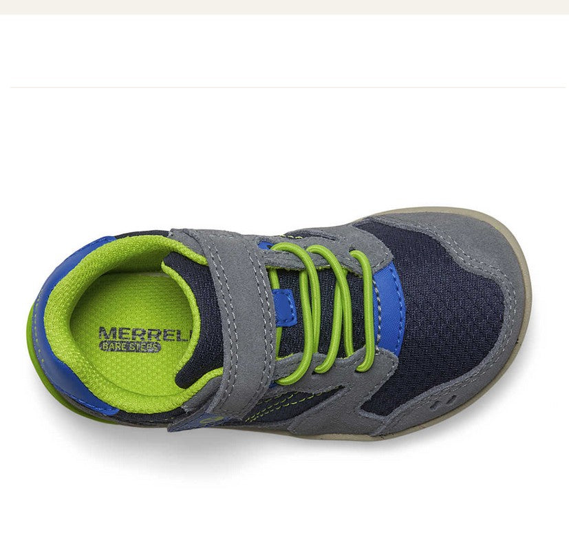 Allen's Bootery navy and green toddler sneaker with wide toe box, hook and loop closure, and flexible rubber sole.