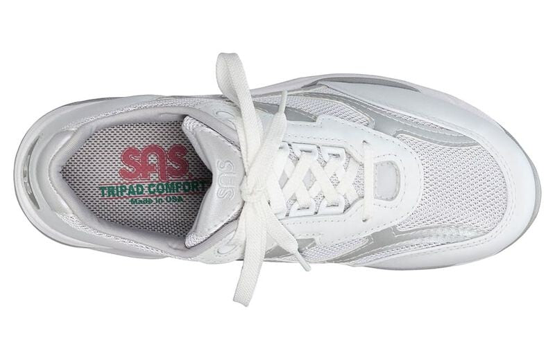 Allen's Bootery Tour Mesh lace-up athletic sneaker in silver and white with breathable mesh and EZ Lace system.