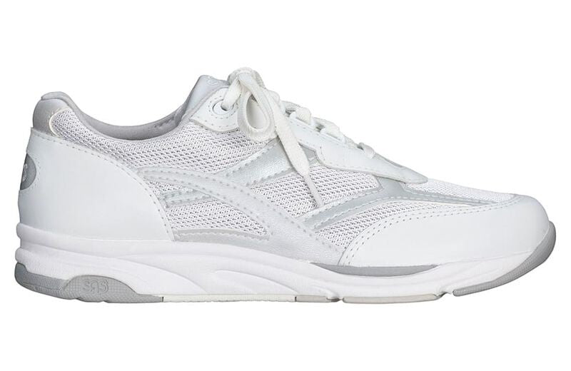 Allen's Bootery Tour Mesh lace-up athletic sneaker in silver and white with a cushioned midsole and flexible outsole.