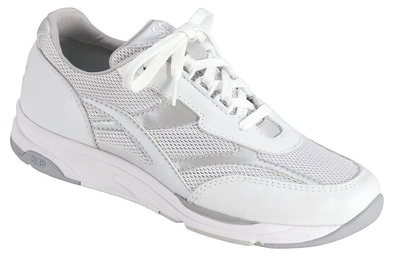 Allen's Bootery Tour Mesh lace-up athletic sneaker in silver and white with shock-absorbing midsole and mesh panels.