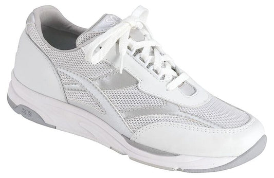 Allen's Bootery Tour Mesh lace-up athletic sneaker in silver and white with shock-absorbing midsole and mesh panels.