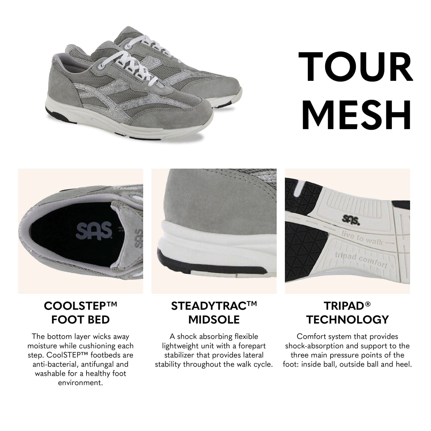 Allen's Bootery Tour Mesh silver athletic sneakers featuring breathable mesh, shock-absorbing midsoles, and lace-up fit