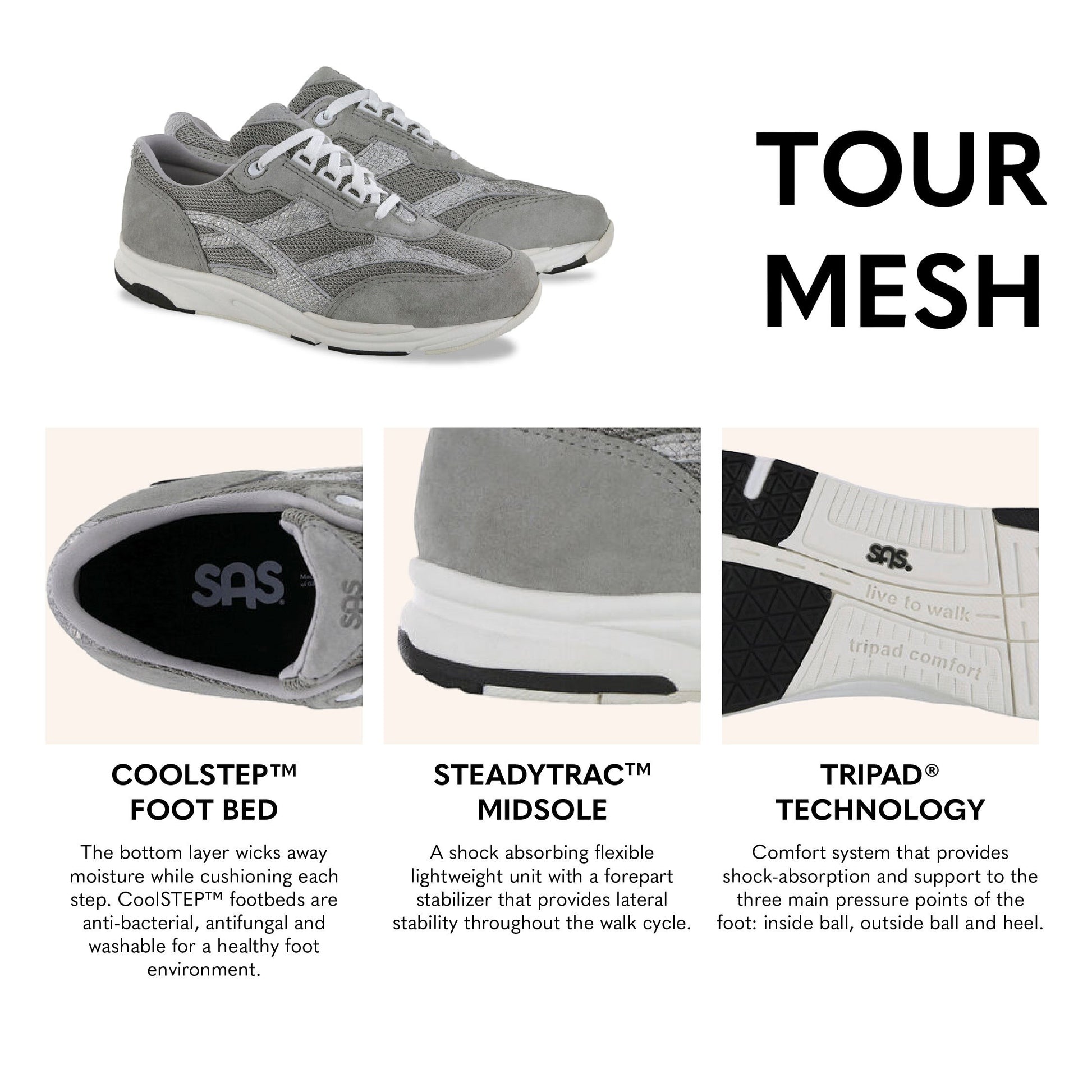 Allen's Bootery Tour Mesh silver athletic sneakers featuring breathable mesh, shock-absorbing midsoles, and lace-up fit