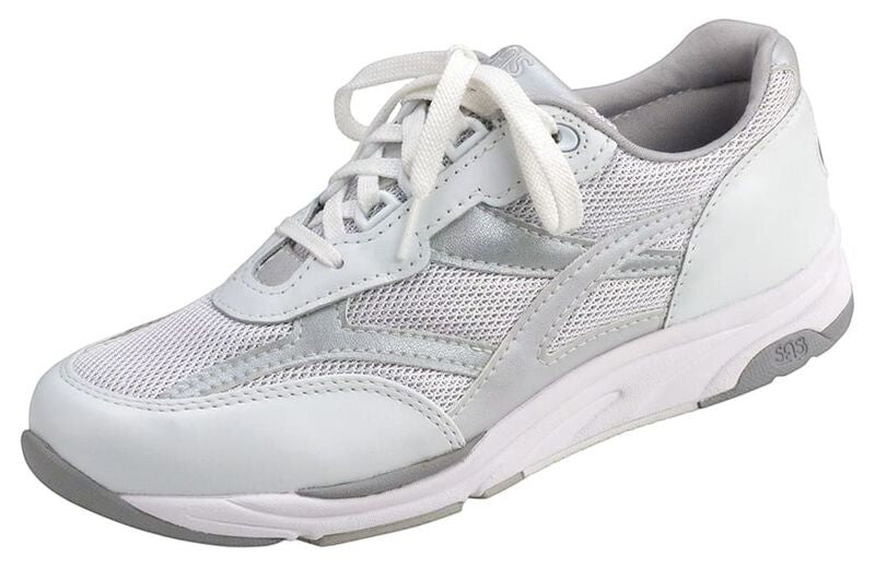 Allen's Bootery Tour Mesh lace-up athletic sneaker in silver and white with shock-absorbing midsole and EZ Lace system.