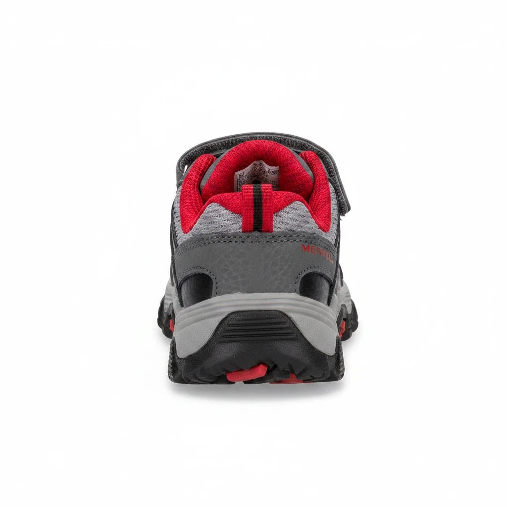 Allen's Bootery Trail Quest Jr toddler hiking shoe in grey, black, and red with a hook and loop closure, rear view.