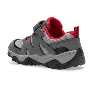 Allen's Bootery Trail Quest Jr toddler sneaker in grey, black, and red with leather and mesh upper and velcro strap.