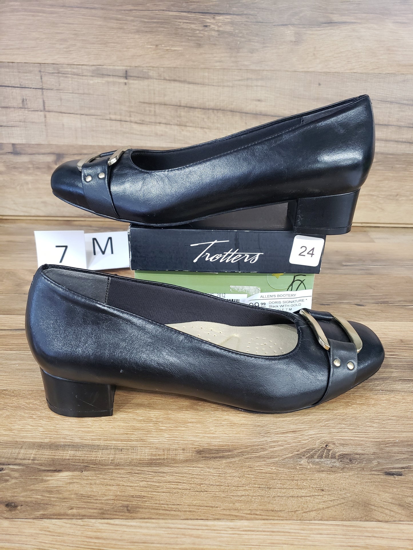 Allen's Bootery Trotters Doris Signature black leather dress shoes with gold buckle and low block heel
