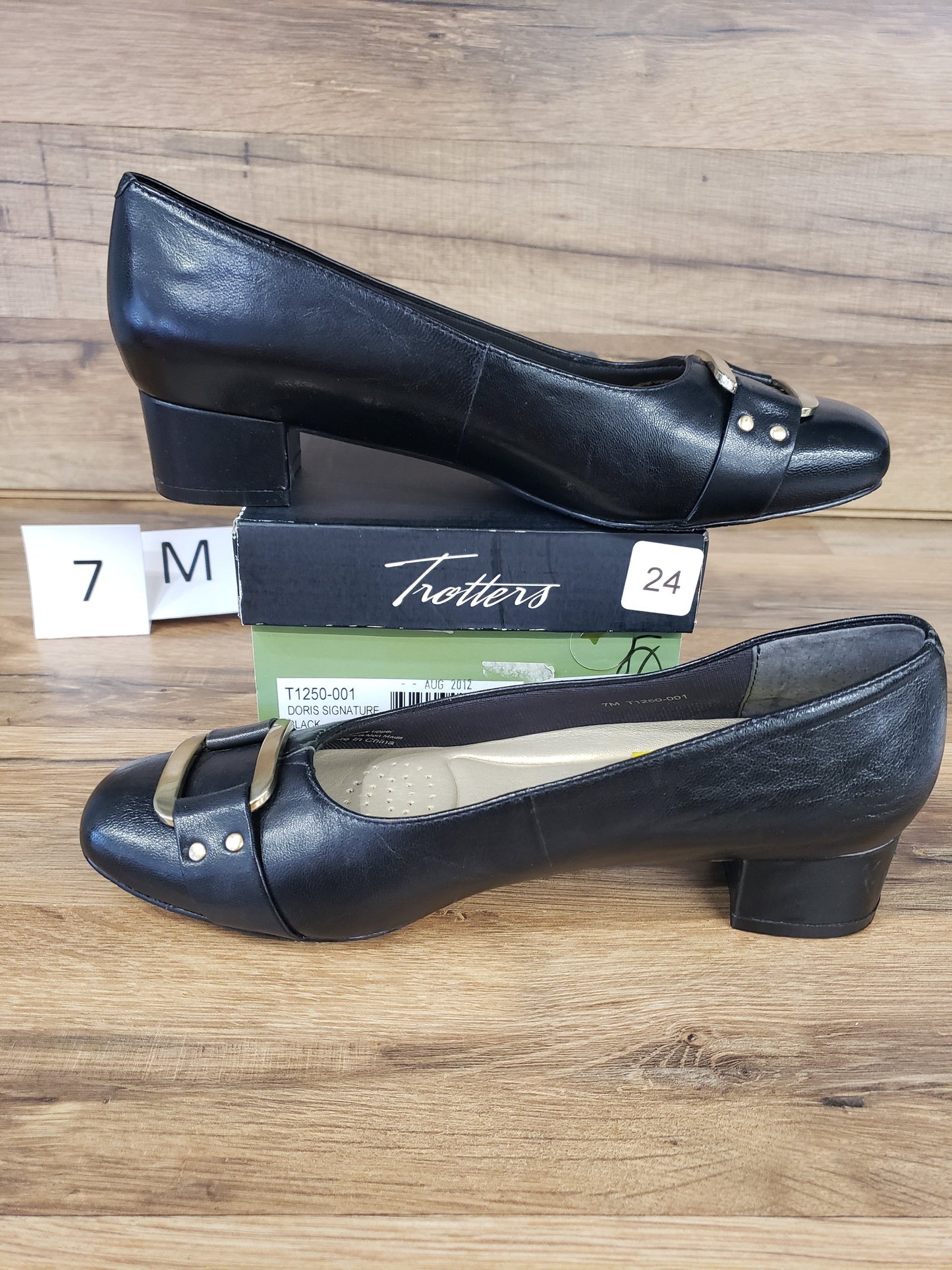 Allen's Bootery Trotters Doris Signature black leather dress shoes with gold buckle and low block heel