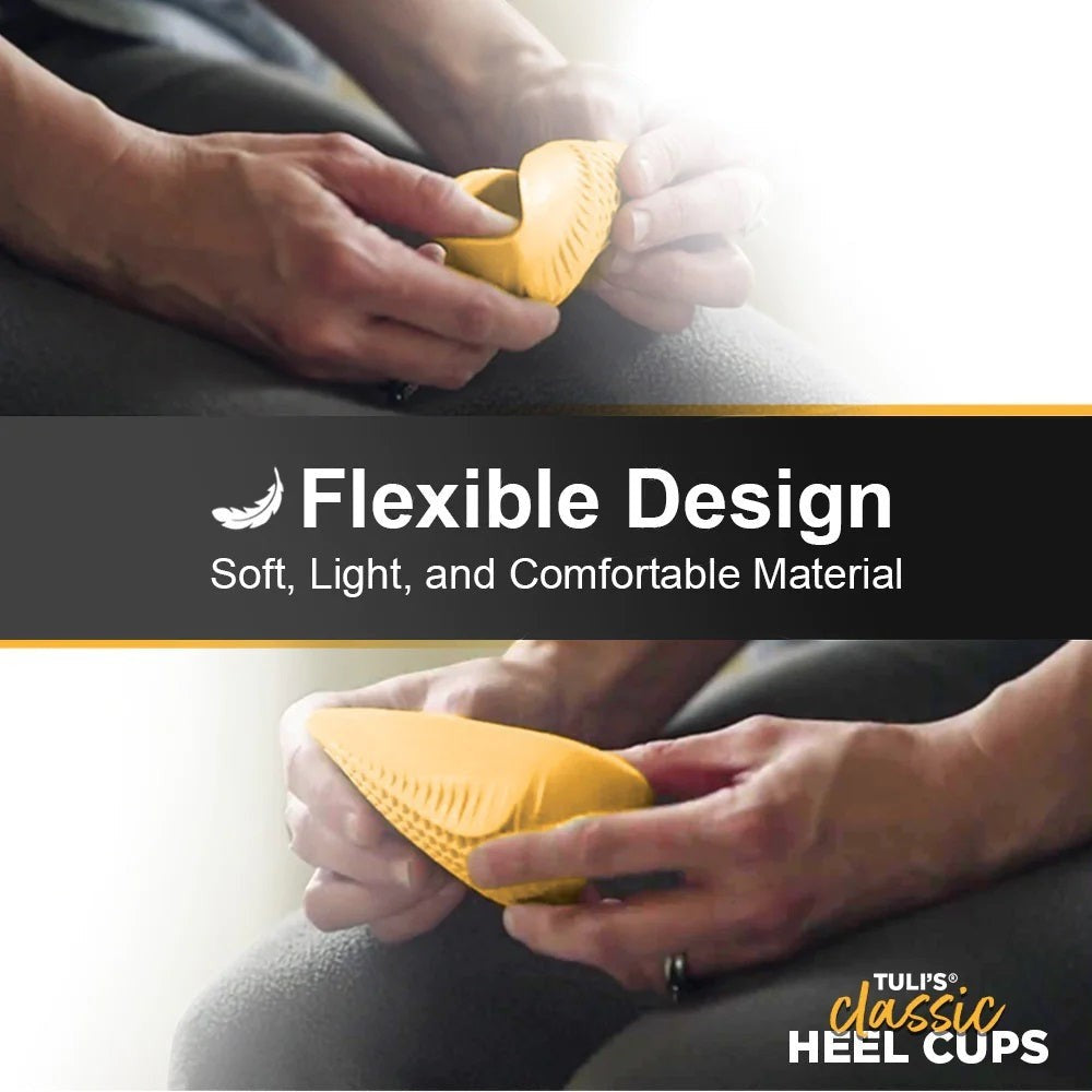 Allen's Bootery Tuli's Classic Heel Cup showing flexible yellow shock-absorbing material held in hands