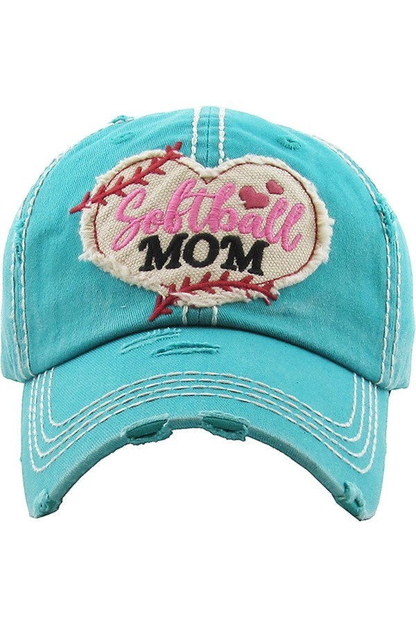 Allen's Bootery turquoise distressed baseball cap with embroidered heart-shaped Softball Mom patch and frayed brim.