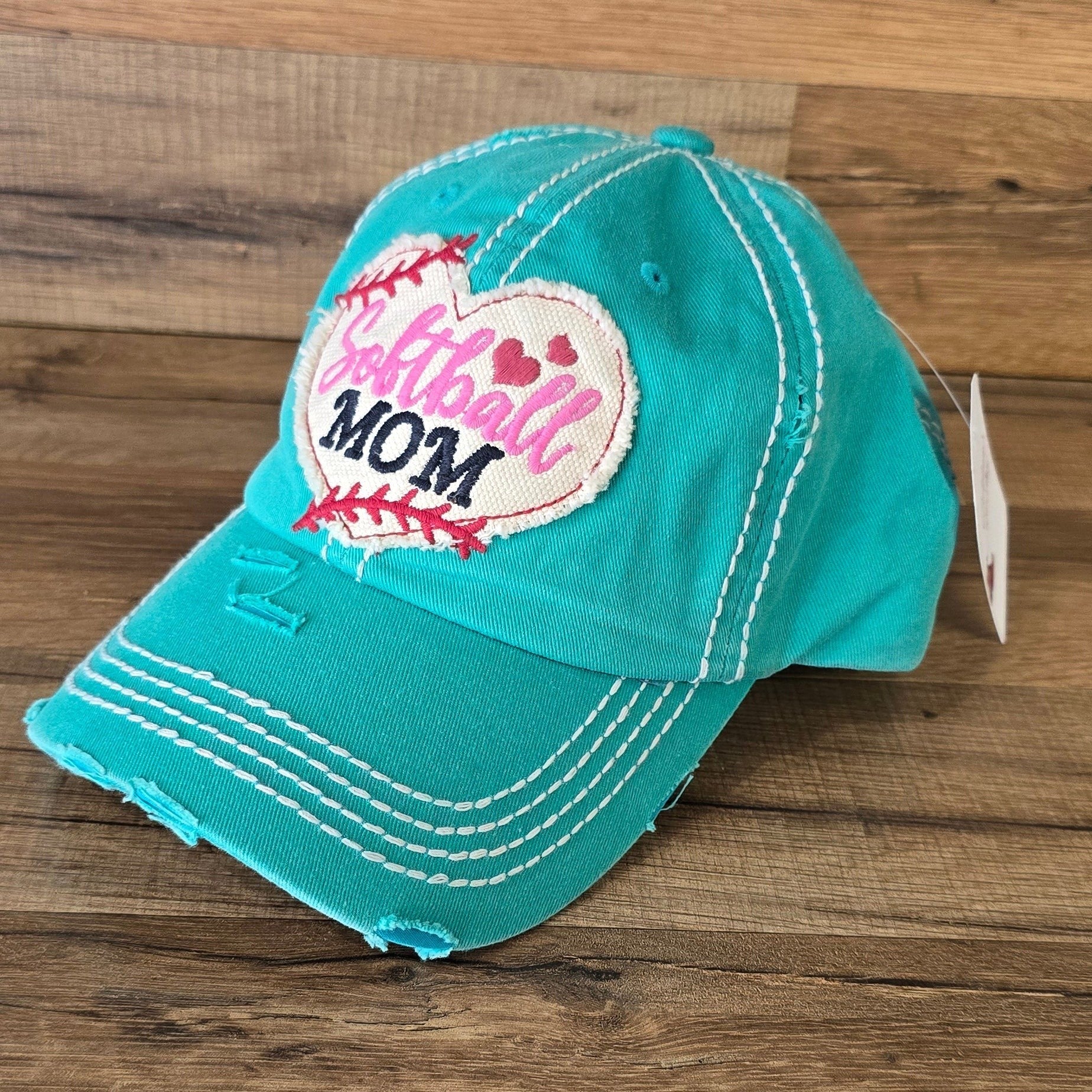 Allen's Bootery turquoise distressed softball mom baseball cap with embroidered heart softball patch