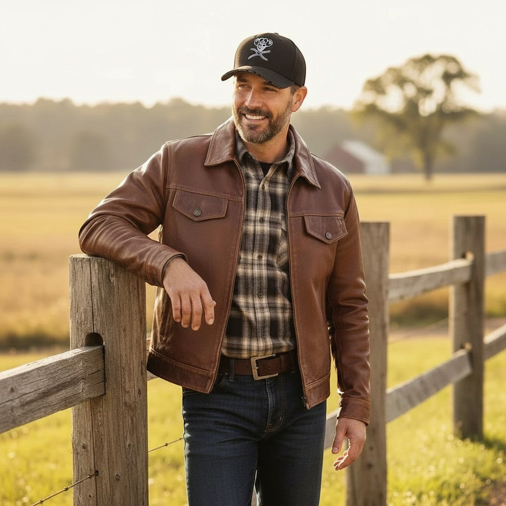 Allen's Bootery black Twisted X ball cap with skull embroidery worn by a man in a leather jacket on a ranch