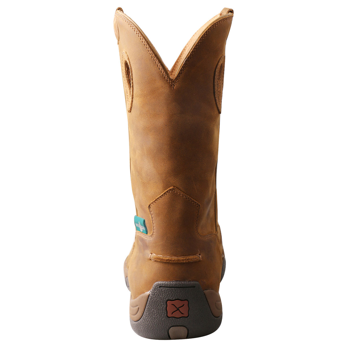Allen's Bootery Twisted X men's brown leather pull-on work hiker boot, back view showing heel kick and rubber outsole.