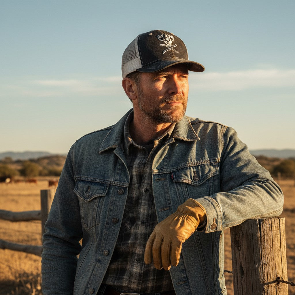 Allen's Bootery Twisted X brown mesh cap with skull graphic worn by a man in a denim jacket at sunset.