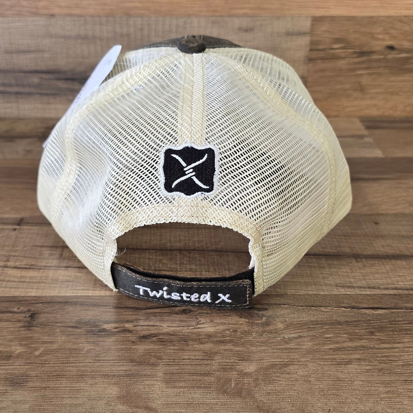 Allen's Bootery Twisted X brown mesh back hat with adjustable hook and loop closure and embroidered logo