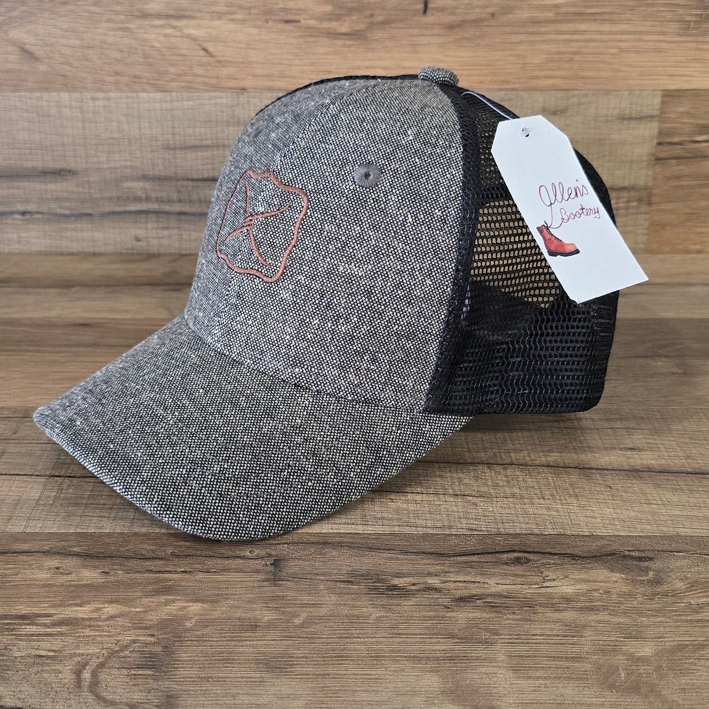 Allen's Bootery Twisted X trucker hat in charcoal tweed with black mesh back and brown embroidered logo