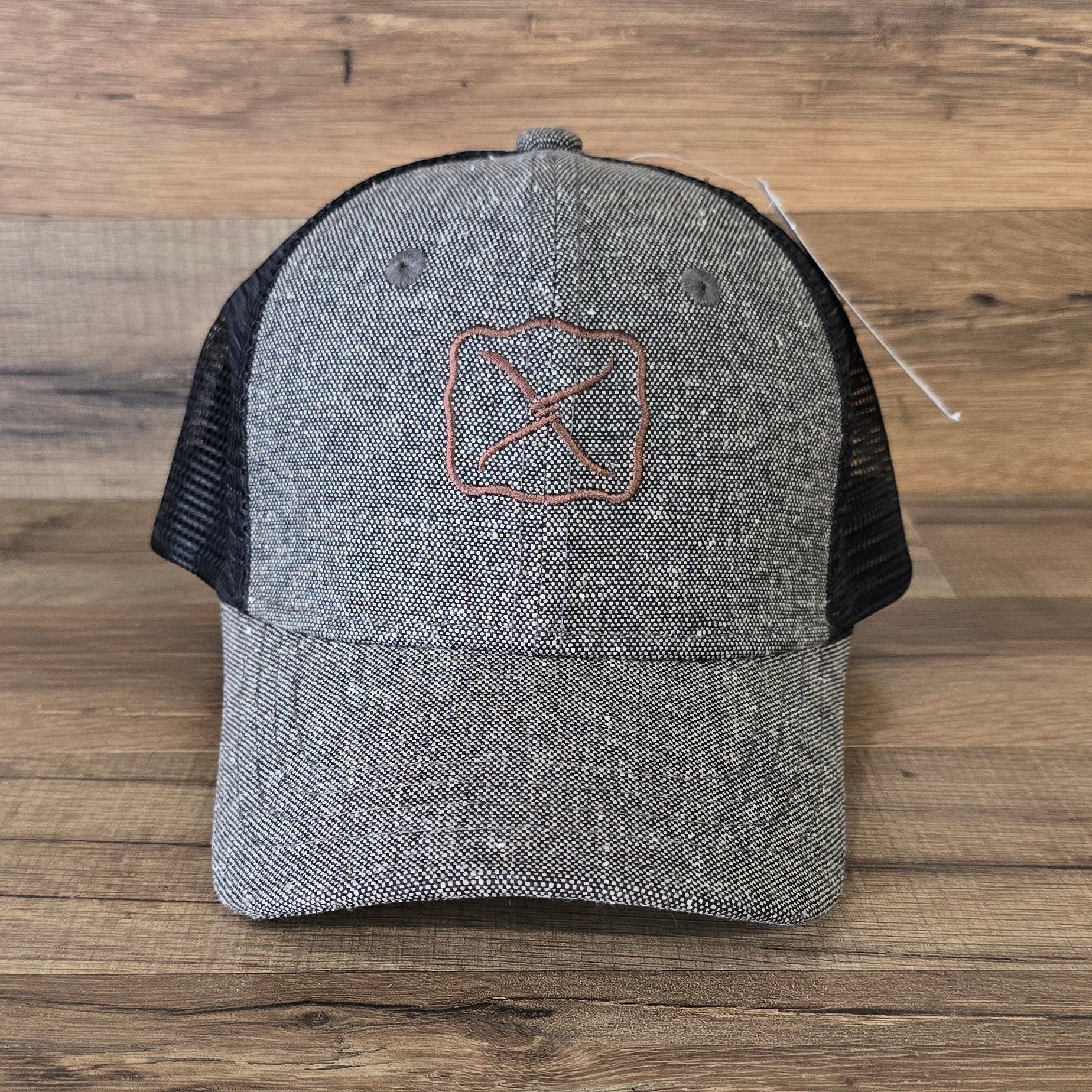 Allen's Bootery Twisted X trucker hat in charcoal tweed with black mesh back and brown embroidered logo