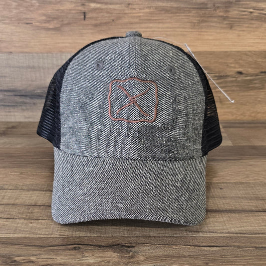 Allen's Bootery Twisted X trucker hat in charcoal tweed with black mesh back and brown embroidered logo