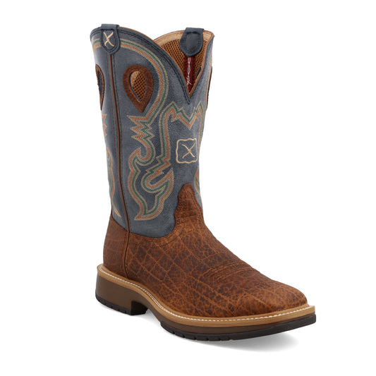 Allen's Bootery Twisted X men's 12-inch western horseman boot in distressed brown leather and peacock blue shaft.