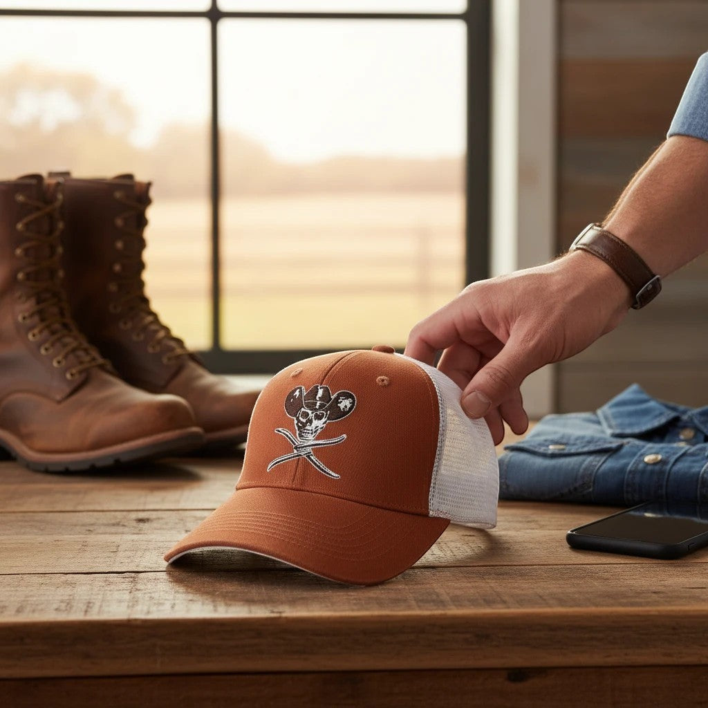 Allen's Bootery orange Twisted X trucker hat with white mesh back and embroidered skull graphic on a wooden table
