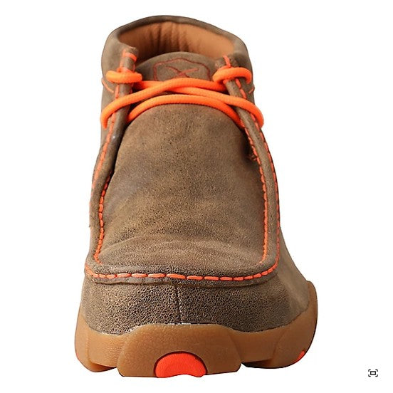 Allen's Bootery Twisted X replacement bright orange laces on brown leather driving moccasin shoe