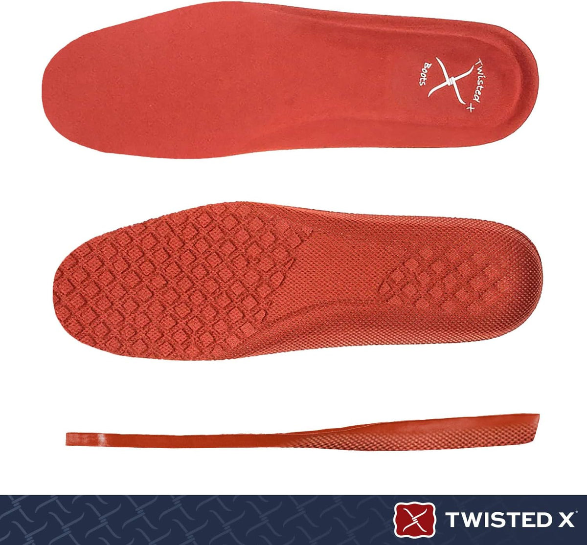 Allen's Bootery Twisted X replacement round toe casual shoe insole in red with textured bottom and logo branding
