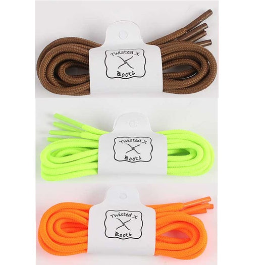 Allen's Bootery Twisted X replacement shoe laces in brown, neon green, and bright orange for driving mocs.