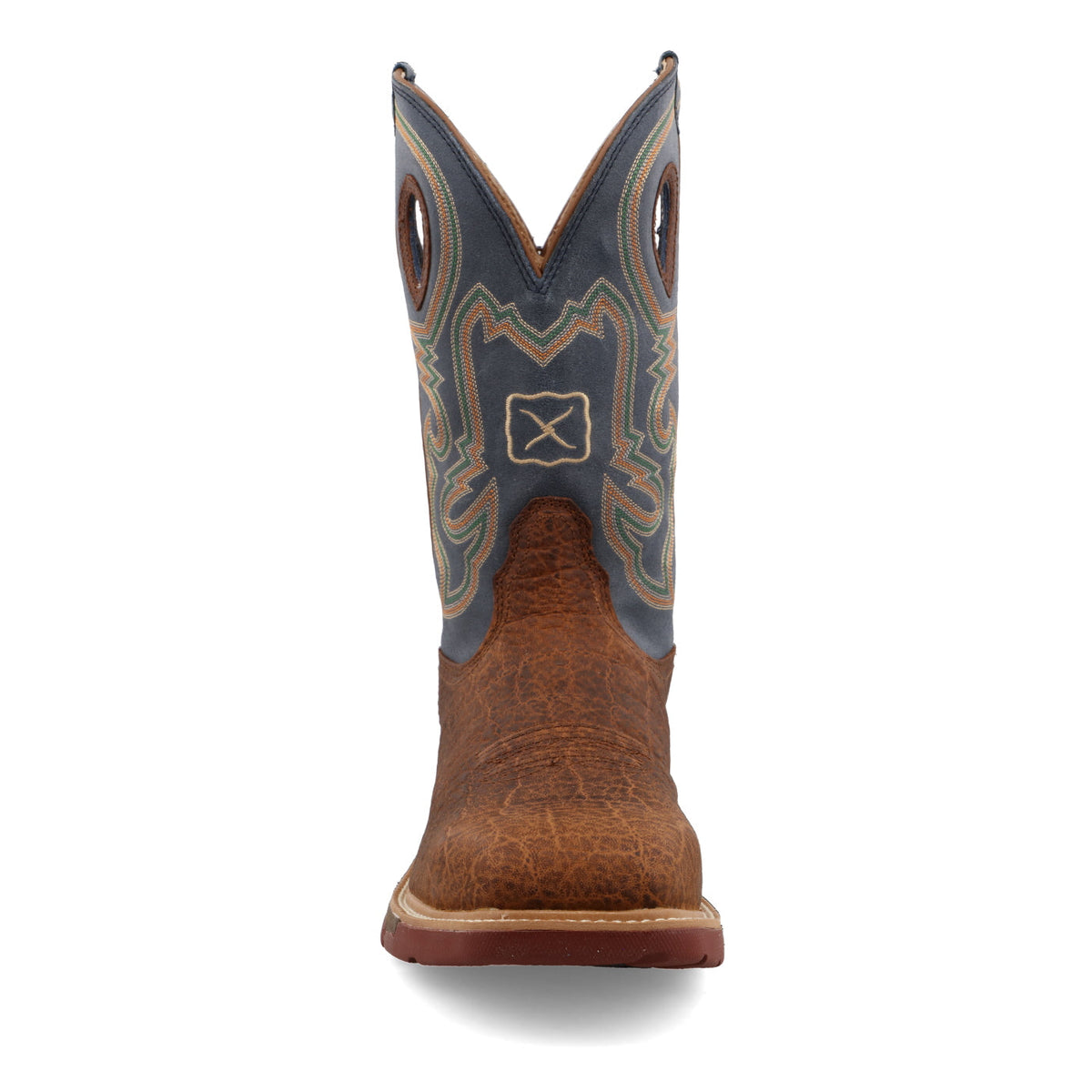 Allen's Bootery Twisted X men's 12-inch distressed leather western work boot with alloy toe and peacock blue shaft.