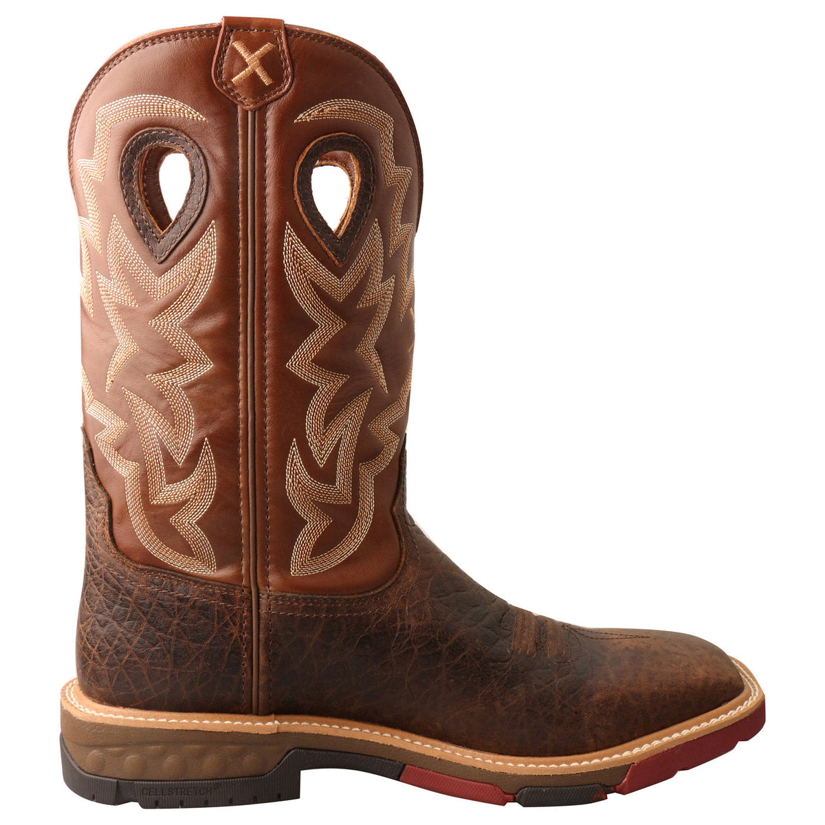 Allen's Bootery Twisted X men's 12-inch waterproof alloy toe western work boot in chocolate and spice full-grain leather