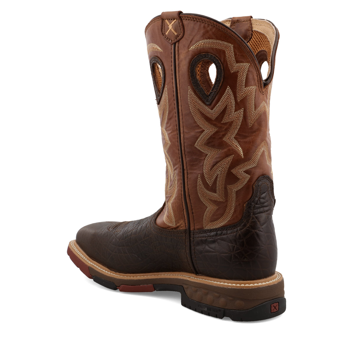 Allen's Bootery Twisted X men's 12-inch waterproof alloy toe western work boot in chocolate and spice leather.