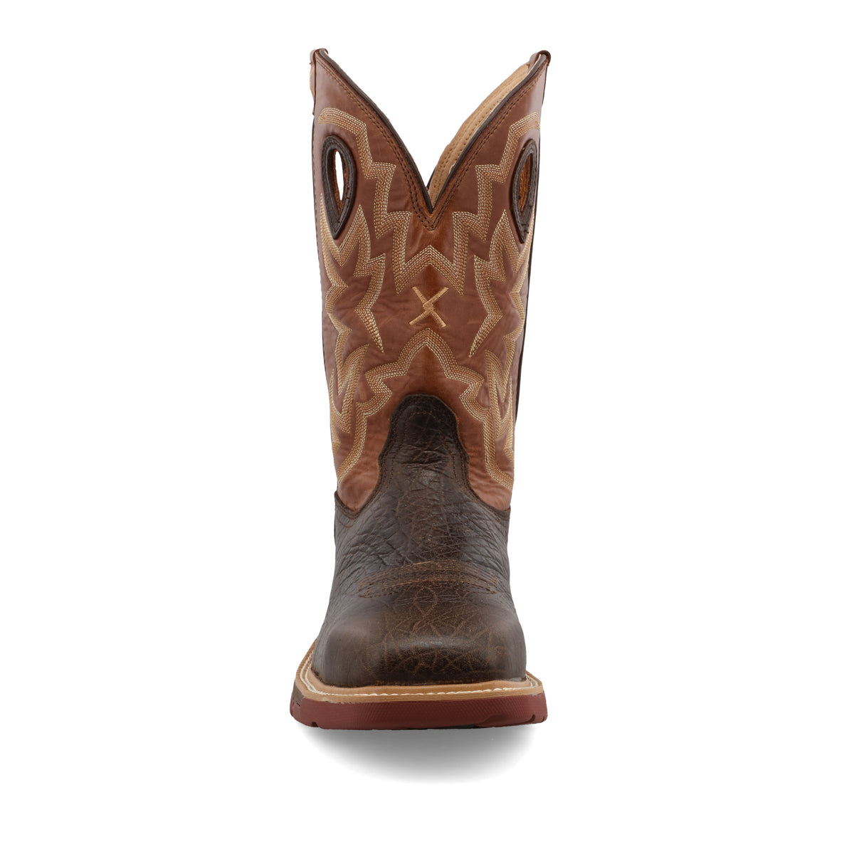 Allen's Bootery Twisted X men's 12-inch waterproof alloy toe western work boot in chocolate and spice full-grain leather