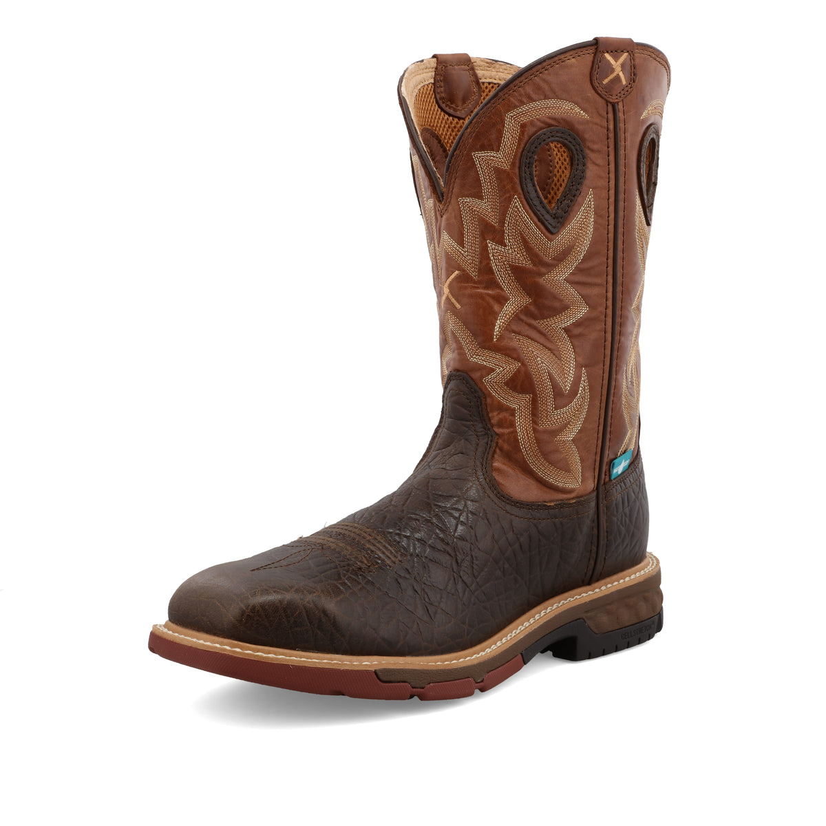 Allen's Bootery Twisted X men's 12-inch waterproof western work boot in chocolate and spice full-grain leather.