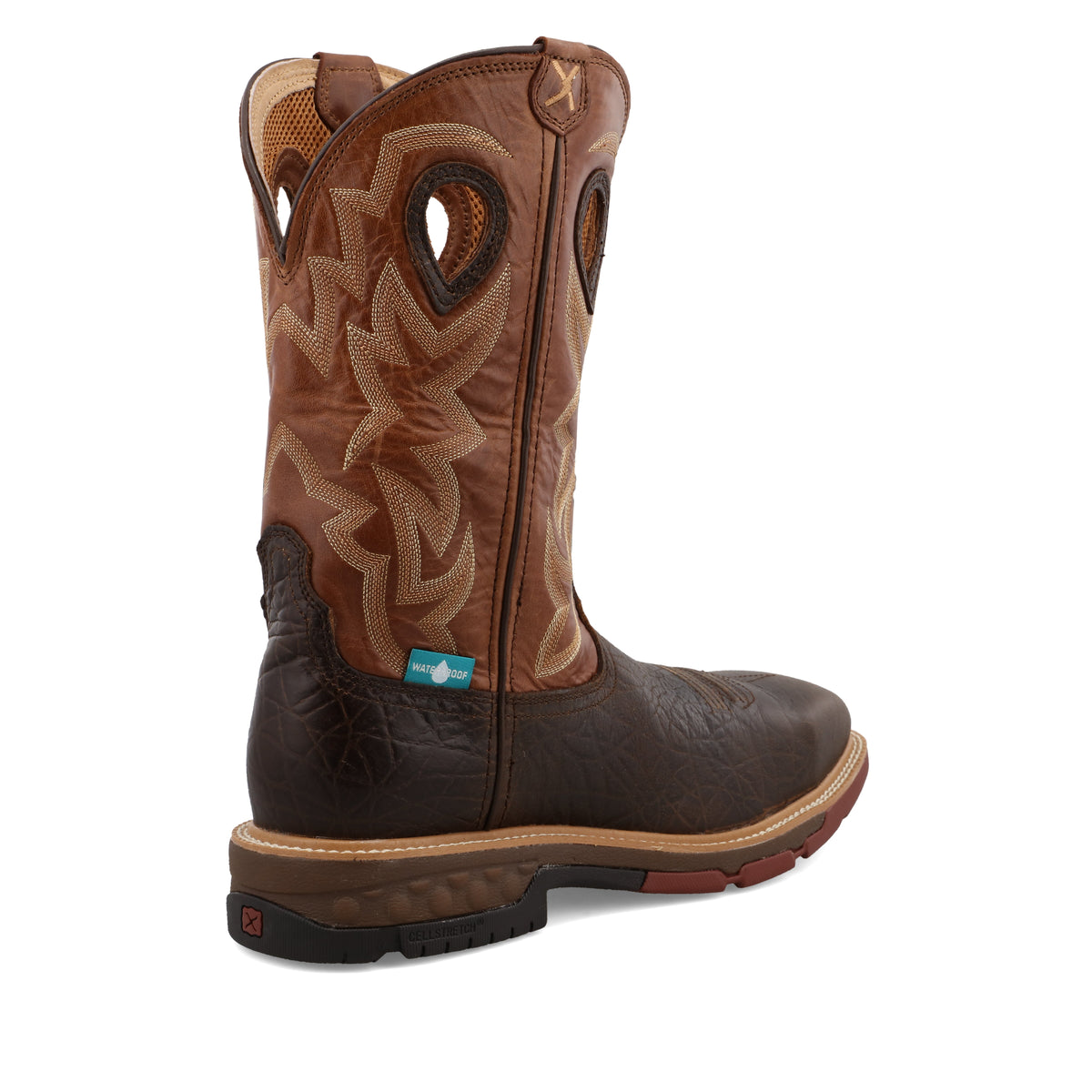 Allen's Bootery Twisted X men's 12-inch waterproof alloy toe western work boot in chocolate and spice leather