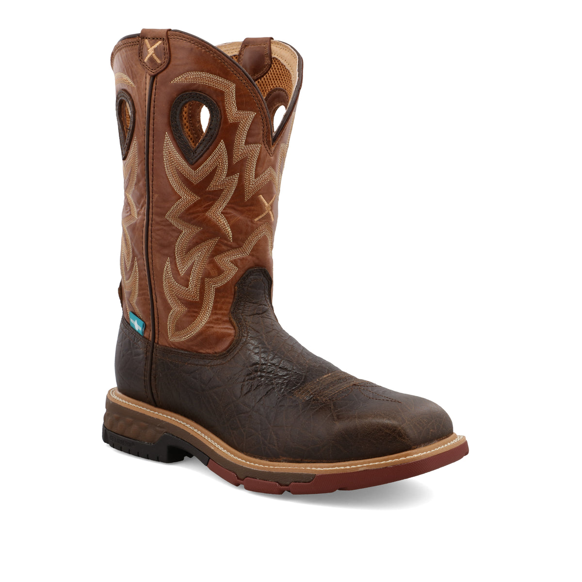 Allen's Bootery Twisted X men's 12-inch waterproof alloy toe western work boot in chocolate and spice full-grain leather