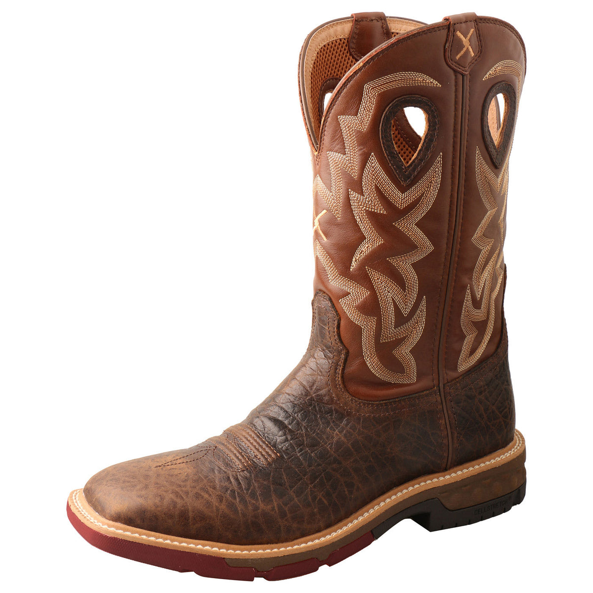 Allen's Bootery Twisted X men's 12-inch waterproof western alloy toe work boot in chocolate and spice leather