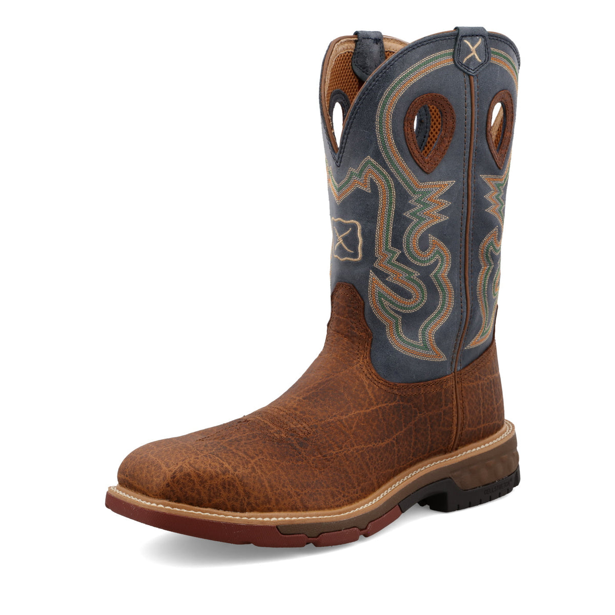 Allen's Bootery Twisted X men's 12-inch distressed leather western work boot with alloy toe and peacock blue shaft.