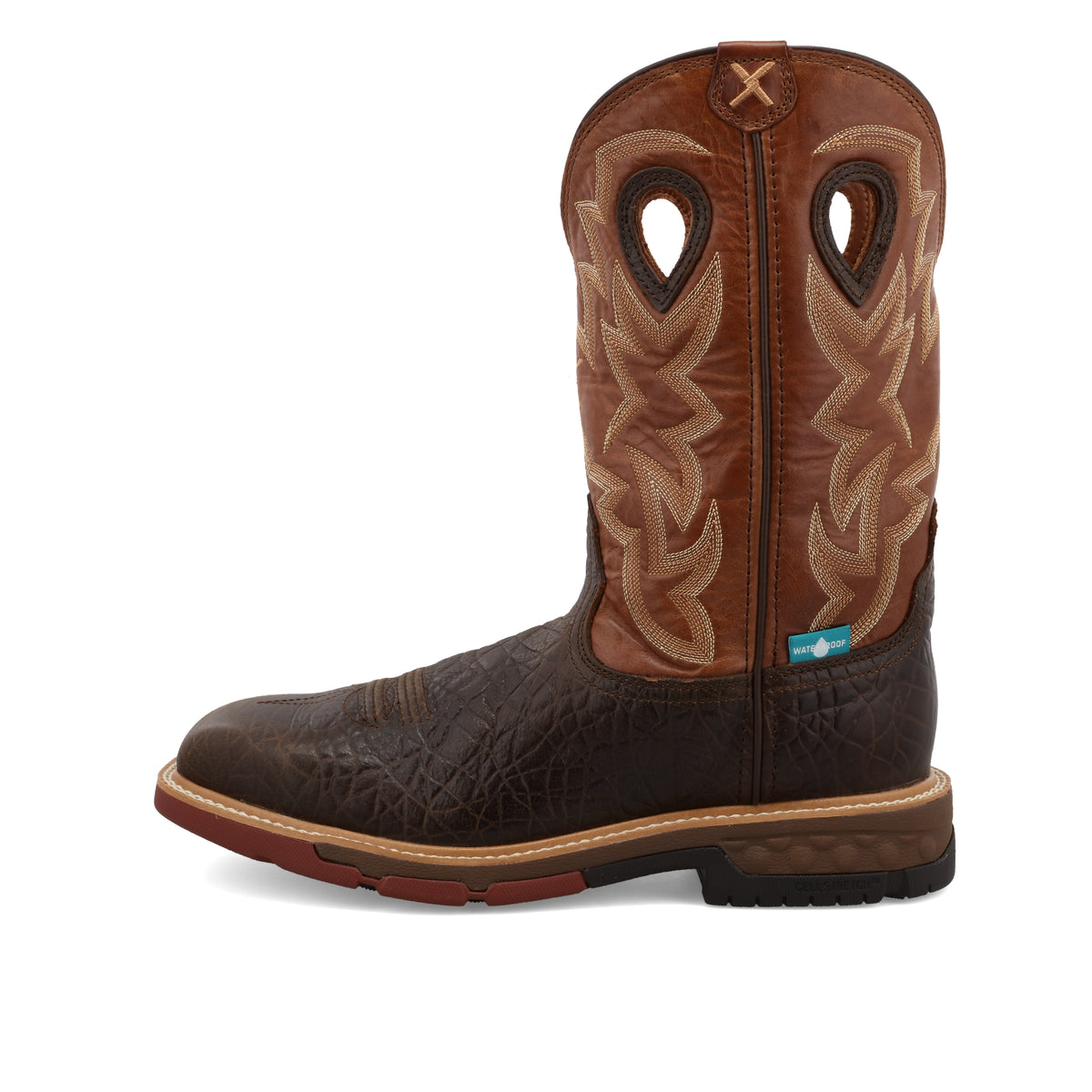 Allen's Bootery Twisted X men's 12-inch waterproof alloy toe western work boot in chocolate and spice full-grain leather