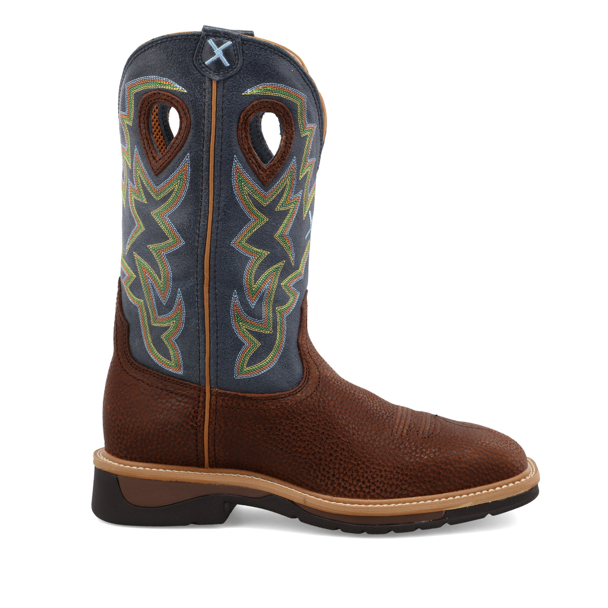 Allen's Bootery Twisted X men's 12-inch western work boot in navy and peanut leather with decorative shaft stitching.