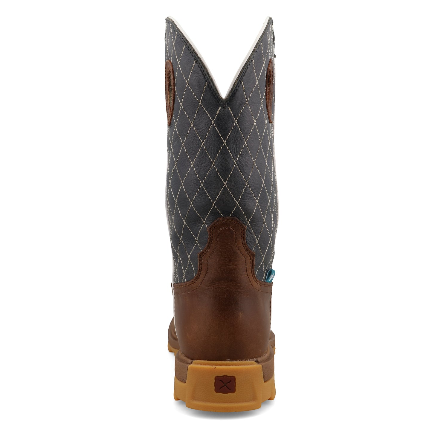 Allen's Bootery UltraLite X work boot in brown and dark blue with a quilted leather shaft and block heel, back view.