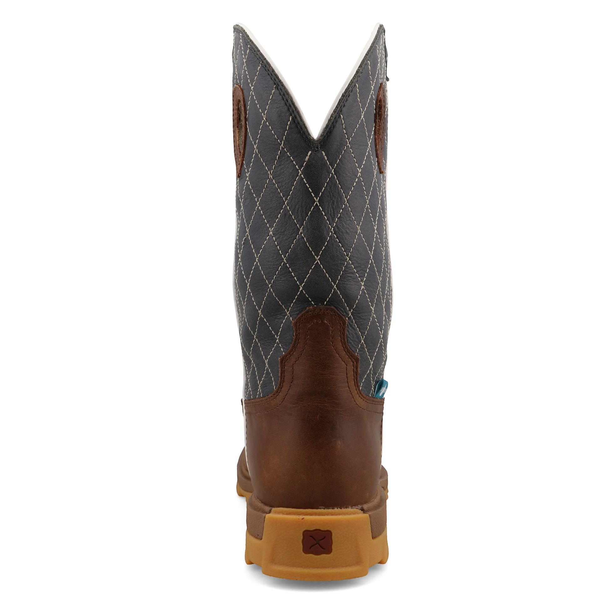Allen's Bootery UltraLite X work boot in brown and dark blue with a quilted leather shaft and block heel, back view.