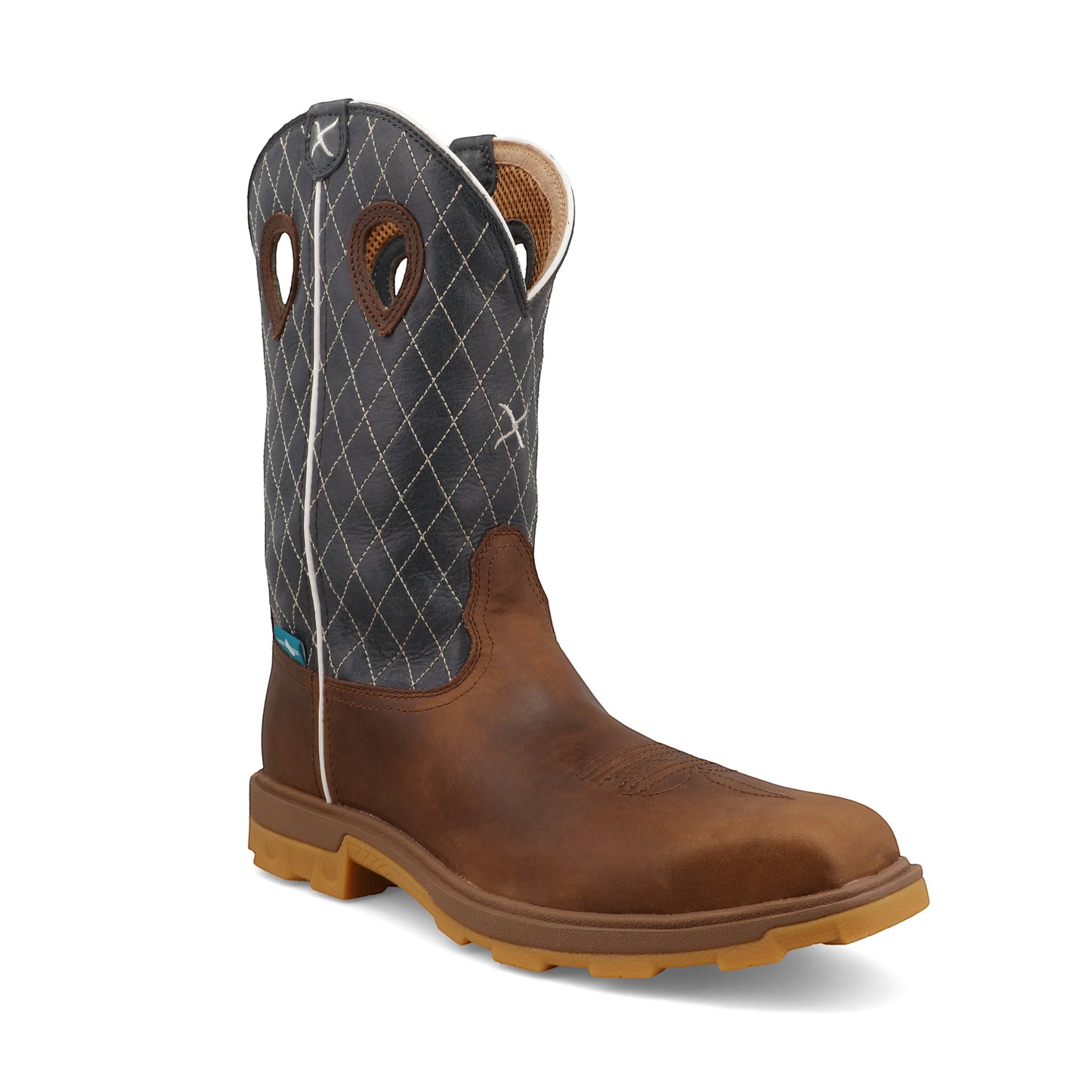 Allen's Bootery 12-inch UltraLite X work boot in brown leather with a dark electric blue quilted shaft and nano toe.