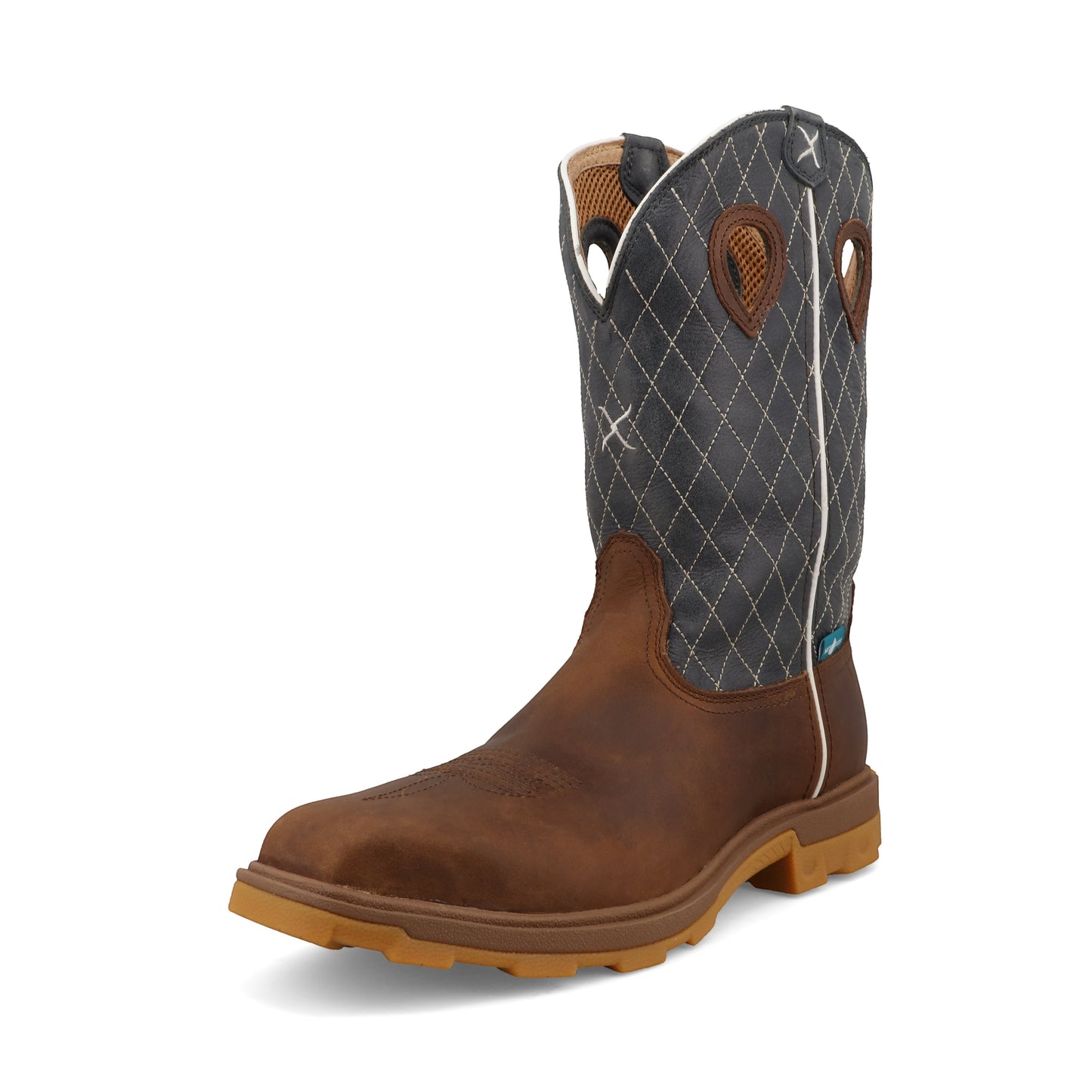 Allen's Bootery 12-inch UltraLite X work boot in brown leather with a dark electric blue quilted shaft and nano toe.