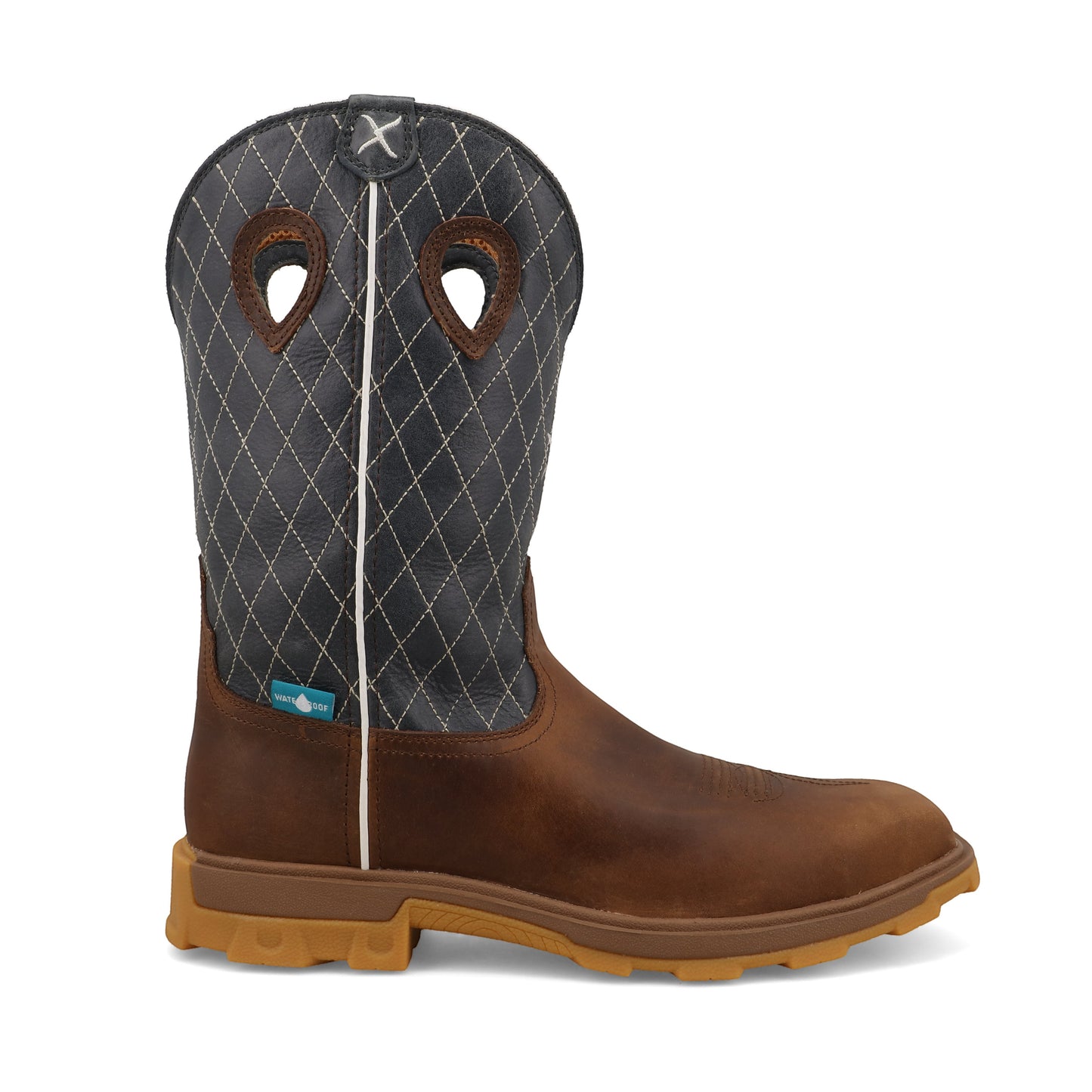 Allen's Bootery UltraLite X waterproof work boot in brown leather with a dark blue quilted shaft and nano toe.