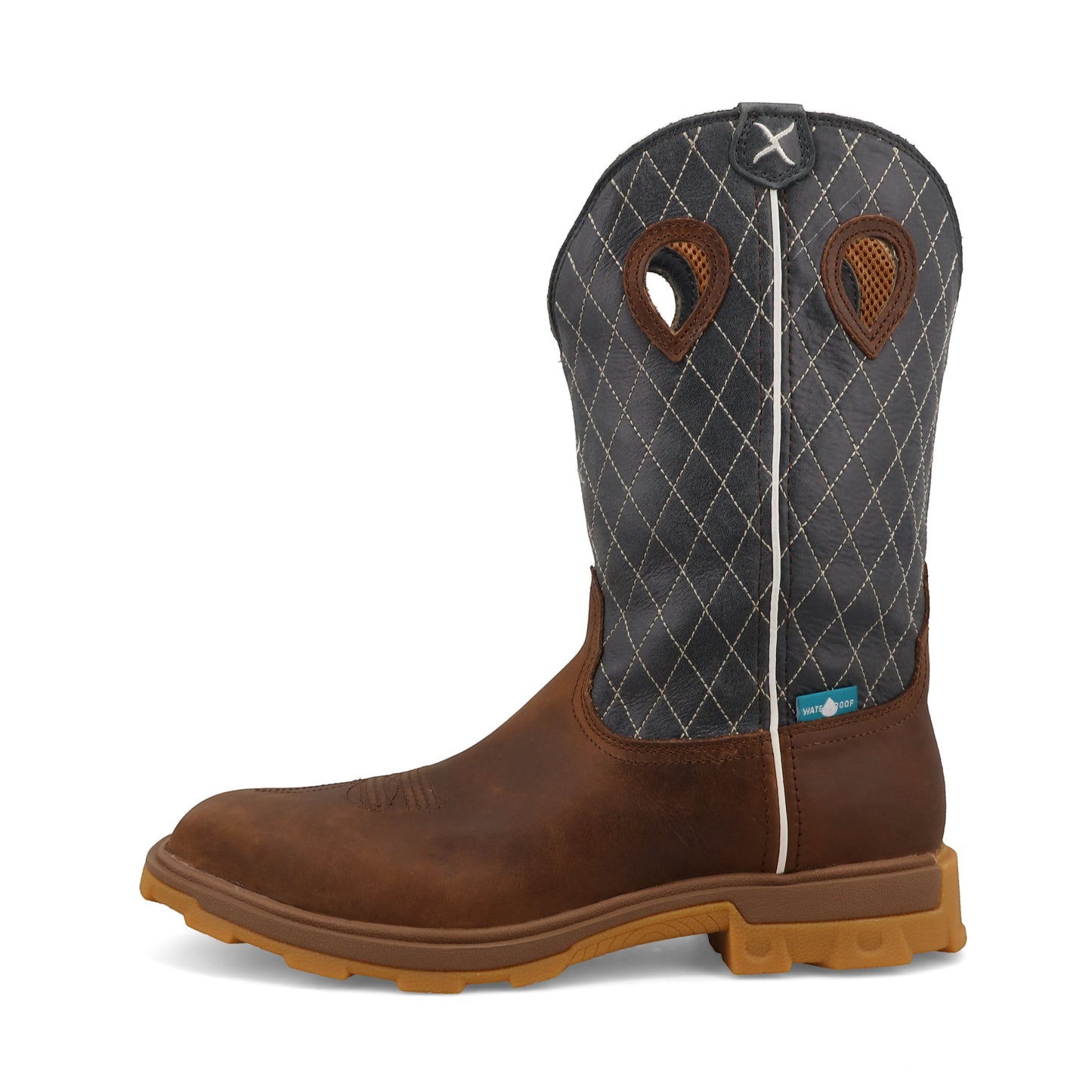 Allen's Bootery UltraLite X waterproof work boot in brown leather with a dark blue quilted shaft and nano toe.