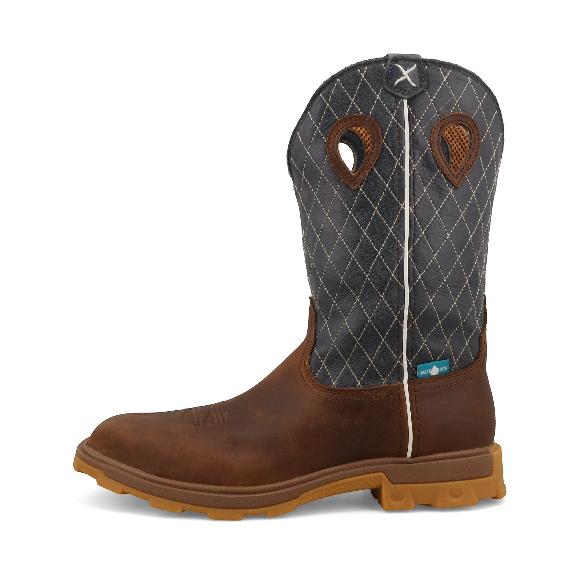 Allen's Bootery UltraLite X waterproof work boot in brown leather with a dark blue quilted shaft and nano toe.