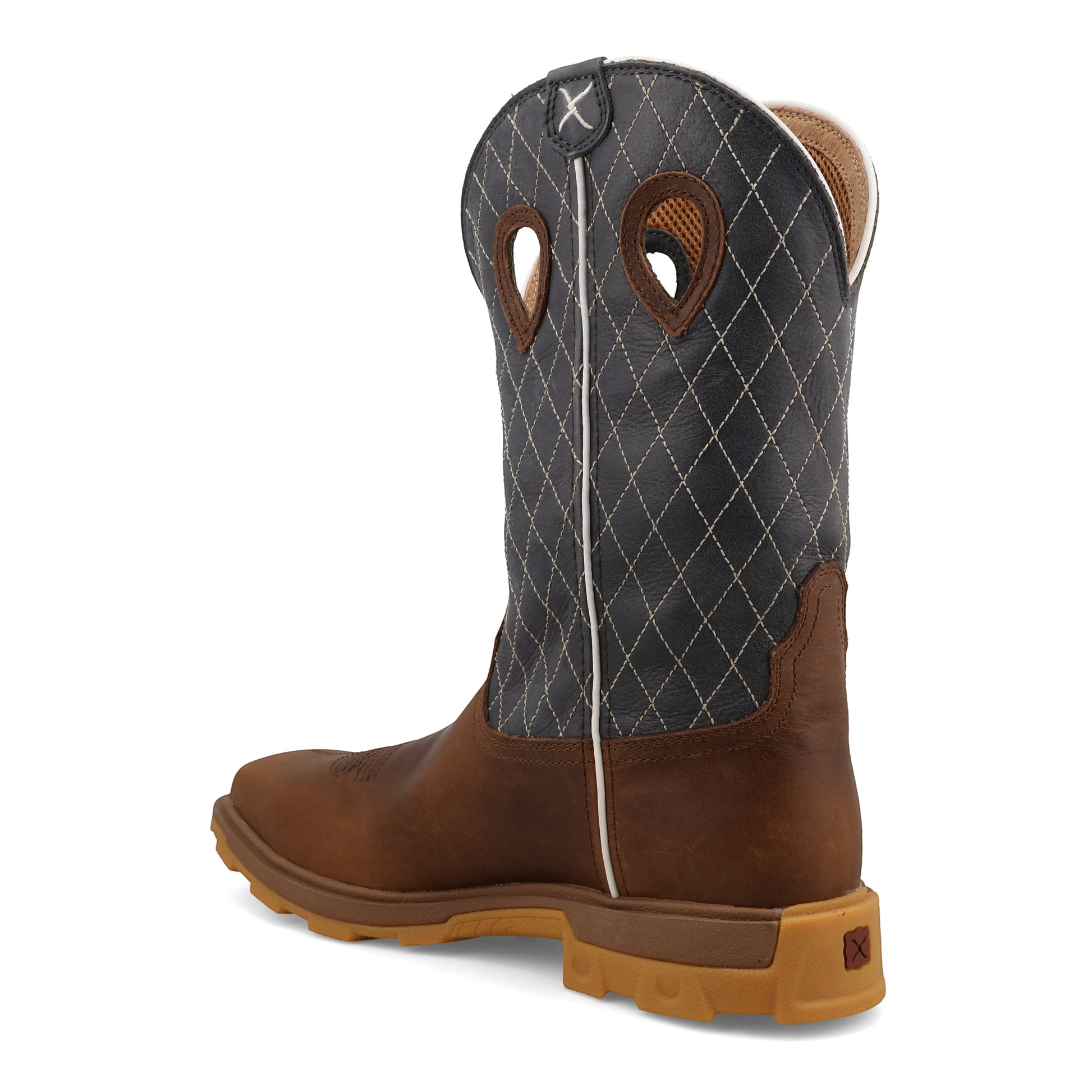 Allen's Bootery UltraLite X work boot in brown leather with a quilted dark blue shaft and nano toe protection.