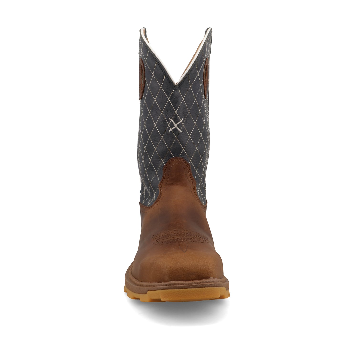 Allen's Bootery 12-inch UltraLite X work boot in brown leather with a dark electric blue quilted shaft and nano toe.